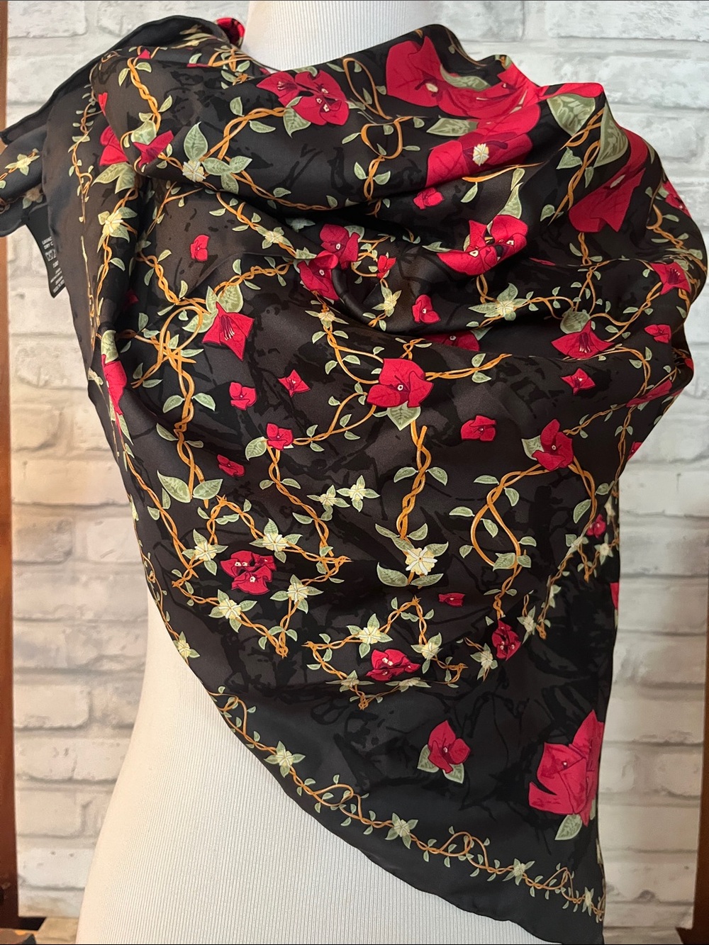 Black Floral Silk Scarf with Red floral green vine Print 34 inch square